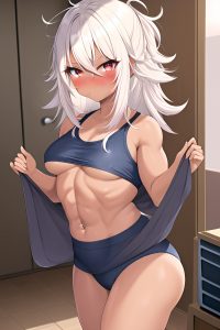 anime,muscular,small tits,30s age,pouting lips face,white hair,messy hair style,dark skin,soft + warm,grocery,close-up view,working out,schoolgirl