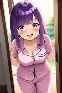 anime,chubby,small tits,70s age,laughing face,purple hair,straight hair style,dark skin,watercolor,hospital,close-up view,bending over,pajamas