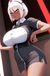 anime,skinny,huge boobs,60s age,angry face,white hair,pixie hair style,dark skin,3d,strip club,front view,jumping,nurse