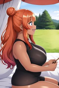 anime,chubby,small tits,70s age,happy face,ginger,hair bun hair style,dark skin,crisp anime,tent,side view,massage,goth