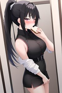 anime,busty,small tits,18 age,sad face,black hair,ponytail hair style,light skin,mirror selfie,changing room,front view,eating,goth