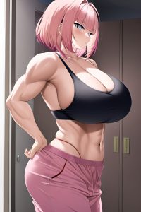 anime,muscular,huge boobs,18 age,serious face,pink hair,pixie hair style,light skin,warm anime,locker room,side view,jumping,pajamas