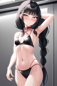 anime,skinny,small tits,40s age,pouting lips face,black hair,braided hair style,light skin,black and white,train,front view,gaming,fishnet