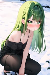 anime,skinny,small tits,40s age,pouting lips face,green hair,bangs hair style,light skin,skin detail (beta),snow,side view,squatting,goth