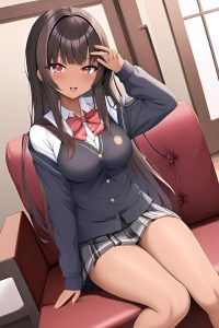 anime,busty,small tits,20s age,ahegao face,brunette,bangs hair style,dark skin,mirror selfie,couch,front view,straddling,schoolgirl