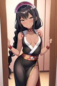 anime,skinny,small tits,80s age,happy face,black hair,braided hair style,dark skin,vintage,changing room,front view,cooking,geisha