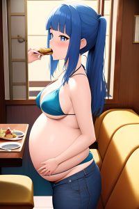 anime,pregnant,small tits,30s age,orgasm face,blue hair,straight hair style,light skin,vintage,restaurant,side view,eating,bikini