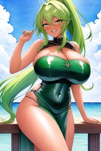 anime,busty,huge boobs,30s age,laughing face,green hair,ponytail hair style,dark skin,watercolor,yacht,front view,cumshot,latex