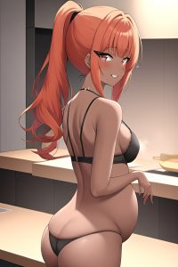 anime,pregnant,small tits,20s age,happy face,ginger,ponytail hair style,dark skin,skin detail (beta),club,back view,cooking,bra