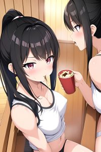 anime,muscular,small tits,80s age,seductive face,black hair,ponytail hair style,light skin,black and white,sauna,side view,eating,schoolgirl