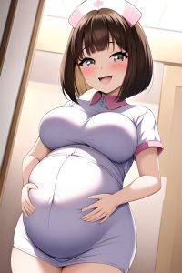 anime,pregnant,small tits,60s age,laughing face,brunette,bobcut hair style,light skin,soft + warm,mall,close-up view,t-pose,nurse