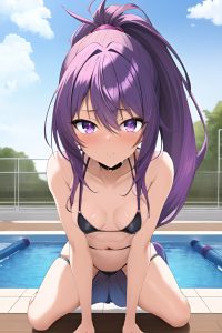 anime,skinny,small tits,20s age,orgasm face,purple hair,ponytail hair style,dark skin,skin detail (beta),pool,close-up view,bending over,teacher