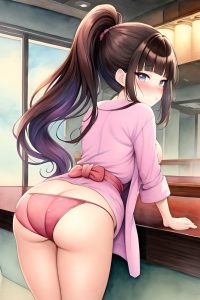 anime,busty,small tits,80s age,pouting lips face,brunette,ponytail hair style,dark skin,watercolor,restaurant,back view,bending over,bathrobe