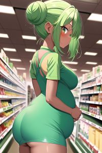 anime,pregnant,small tits,20s age,shocked face,green hair,hair bun hair style,dark skin,comic,grocery,back view,t-pose,latex