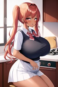 anime,chubby,huge boobs,80s age,ahegao face,ginger,pigtails hair style,dark skin,soft + warm,kitchen,close-up view,jumping,schoolgirl