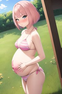 anime,pregnant,small tits,60s age,pouting lips face,pink hair,bobcut hair style,light skin,painting,meadow,side view,gaming,bikini