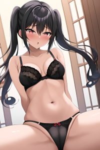 anime,busty,small tits,40s age,ahegao face,black hair,pigtails hair style,dark skin,soft + warm,mall,back view,spreading legs,bra