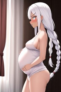 anime,pregnant,small tits,60s age,angry face,white hair,braided hair style,dark skin,soft + warm,wedding,side view,yoga,pajamas