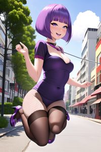 anime,busty,small tits,50s age,happy face,purple hair,bobcut hair style,light skin,3d,street,side view,jumping,fishnet