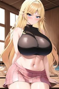 anime,busty,huge boobs,70s age,serious face,blonde,straight hair style,light skin,watercolor,sauna,close-up view,plank,mini skirt