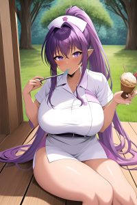 anime,busty,huge boobs,80s age,seductive face,purple hair,ponytail hair style,dark skin,film photo,meadow,front view,eating,nurse