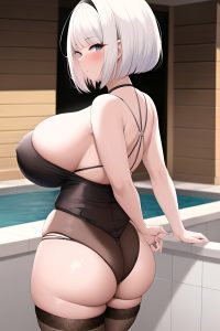 anime,busty,huge boobs,50s age,seductive face,white hair,bobcut hair style,light skin,soft anime,party,back view,bathing,stockings
