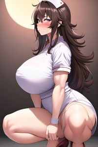 anime,muscular,huge boobs,40s age,pouting lips face,brunette,messy hair style,light skin,comic,moon,side view,squatting,nurse