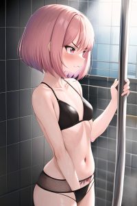 anime,skinny,small tits,70s age,angry face,pink hair,bobcut hair style,light skin,cyberpunk,shower,side view,plank,fishnet