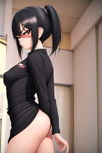 anime,skinny,small tits,70s age,angry face,black hair,pixie hair style,light skin,3d,restaurant,back view,gaming,nurse