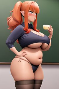 anime,chubby,huge boobs,70s age,angry face,ginger,pixie hair style,dark skin,3d,strip club,side view,eating,teacher