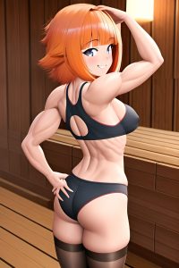 anime,muscular,small tits,80s age,happy face,ginger,bangs hair style,light skin,3d,sauna,back view,yoga,stockings