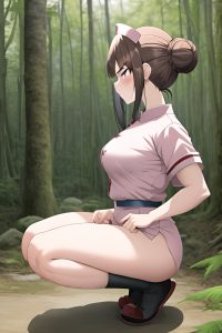 anime,busty,small tits,18 age,angry face,brunette,hair bun hair style,light skin,soft + warm,jungle,side view,squatting,nurse