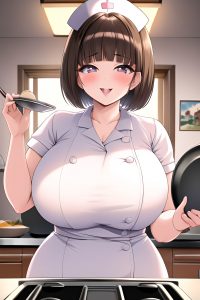 anime,chubby,huge boobs,50s age,happy face,brunette,bobcut hair style,light skin,vintage,car,close-up view,cooking,nurse