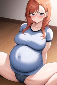 anime,pregnant,small tits,50s age,serious face,ginger,slicked hair style,light skin,soft + warm,gym,close-up view,spreading legs,schoolgirl