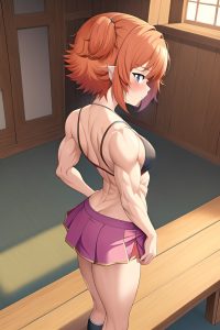 anime,muscular,small tits,80s age,sad face,ginger,pixie hair style,light skin,painting,couch,back view,plank,mini skirt