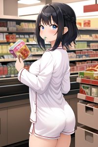 anime,chubby,small tits,20s age,shocked face,black hair,pixie hair style,light skin,skin detail (beta),grocery,back view,eating,pajamas