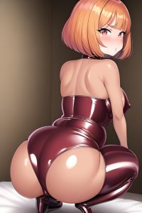 anime,pregnant,small tits,60s age,pouting lips face,ginger,bobcut hair style,dark skin,soft + warm,bedroom,back view,squatting,latex