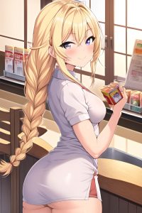 anime,muscular,small tits,20s age,happy face,blonde,braided hair style,light skin,illustration,grocery,back view,jumping,nurse