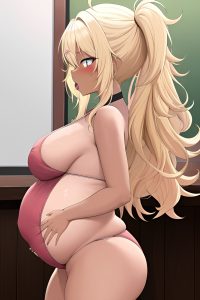 anime,pregnant,small tits,80s age,shocked face,blonde,messy hair style,dark skin,skin detail (beta),strip club,back view,eating,teacher