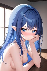 anime,skinny,small tits,70s age,pouting lips face,blue hair,bangs hair style,light skin,dark fantasy,prison,close-up view,sleeping,nude
