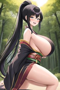 anime,skinny,huge boobs,20s age,laughing face,black hair,ponytail hair style,light skin,dark fantasy,forest,side view,bending over,kimono