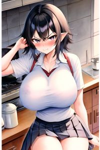 anime,skinny,huge boobs,80s age,angry face,black hair,pixie hair style,light skin,watercolor,kitchen,front view,yoga,schoolgirl