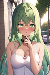 anime,busty,small tits,20s age,shocked face,green hair,straight hair style,dark skin,soft anime,street,close-up view,cumshot,goth