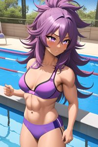 anime,muscular,small tits,70s age,seductive face,purple hair,messy hair style,dark skin,3d,pool,side view,working out,bra