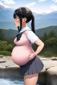 anime,pregnant,small tits,80s age,angry face,black hair,pigtails hair style,dark skin,vintage,mountains,side view,bathing,schoolgirl
