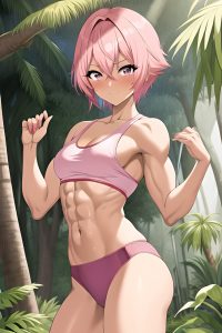 anime,muscular,small tits,30s age,seductive face,pink hair,pixie hair style,dark skin,illustration,jungle,front view,working out,teacher