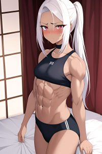 anime,muscular,small tits,18 age,sad face,white hair,slicked hair style,dark skin,crisp anime,bedroom,front view,working out,goth