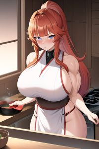 anime,muscular,huge boobs,30s age,shocked face,ginger,slicked hair style,light skin,cyberpunk,lake,front view,cooking,geisha