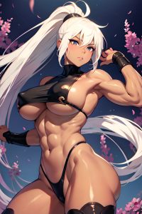 anime,muscular,huge boobs,20s age,sad face,white hair,ponytail hair style,dark skin,dark fantasy,bar,front view,spreading legs,partially nude