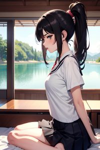anime,busty,small tits,18 age,pouting lips face,black hair,ponytail hair style,light skin,watercolor,lake,side view,straddling,schoolgirl